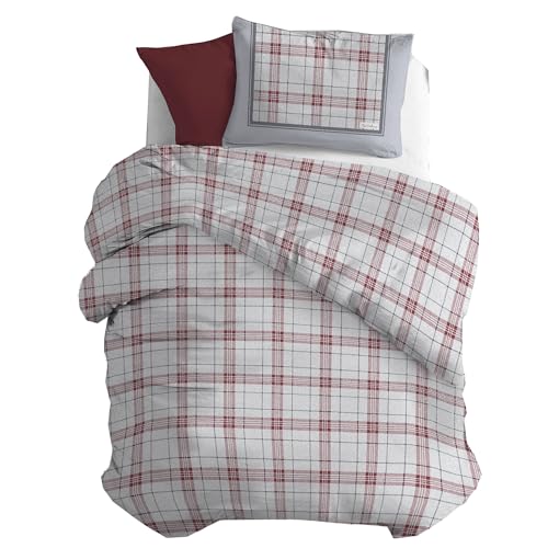 PENSIERI DELICATI Flannelette Single Duvet Cover Set, 100% Cotton, 155 x 200 cm Bag and Pillowcase 52 x 82 cm, Made in Italy, Machine Washable at 40 Degrees, Red Deer Design