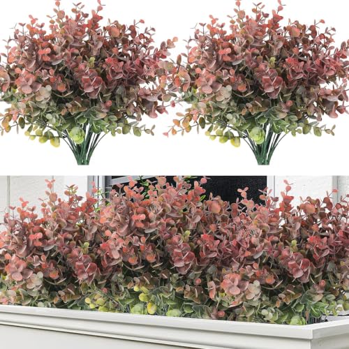 RECUTMS 8Bundles Artificial Eucalyptus Greenery Stems Branch 13In Dusty Red - Plastic Boxwood Plants,No Maintenance,Long-term Reuse,Weather-proof,Fall Farmhouse Garden Vase Outdoor Planter Wedding Decor