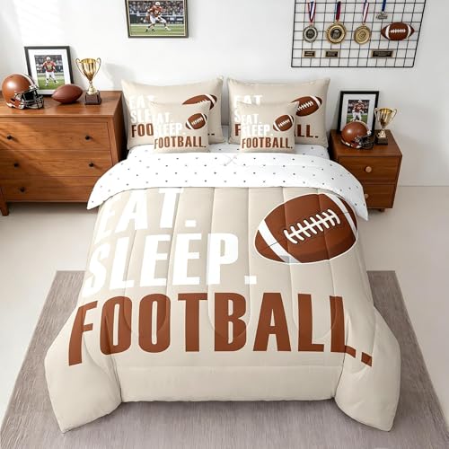 Feelyou Football Comforter Set with Sheets Queen Size Rugby Sports 7 Pieces Bedding Set for Kids Boys Girls Teens Beige Brown Sports Ball Game Bed in a Bag Gift for Football Lover Bed Set