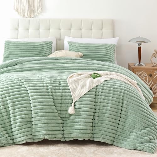 Smoofy Fluffy Twin Comforter Sets 2 Pieces - Sage Green Fleece Fluffy Comforter Set, Luxury Fuzzy Twin Bedding Set, Soft Twin Size Comforter All Season, Heavy Faux Fur Comforter with Pillow Cases