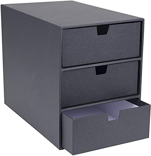 Bigso Box of Sweden 3-Tier Desktop Drawers - Desk Tidy Organiser for Stationery Storage - Paper Mini Filing Cabinet in Fibreboard and Paper in Linen Look - Dark grey