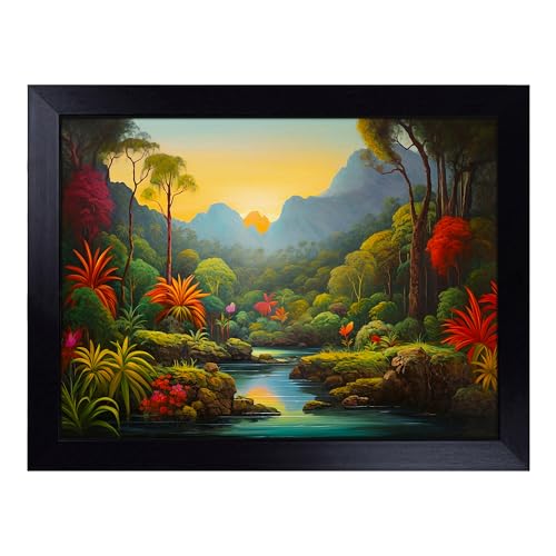 Lap Tray with Bean Bag Cushion, Jungle Landscape - Handmade in the UK, Raised Wooden Edge, Padded Cushion, Heat-Resistant Wipe-Clean Surface, for Meals, Laptops and Crafts