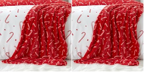 Catherine Lansfield Christmas Candy Cane Fleece 130x170cm Blanket Throw Red White (Pack of 2)