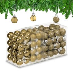 Relaxdays Christmas Baubles Set of 96, Glittering, Matt and Sparkles, Plastic, Traditional Spheres, Decorations, Gold