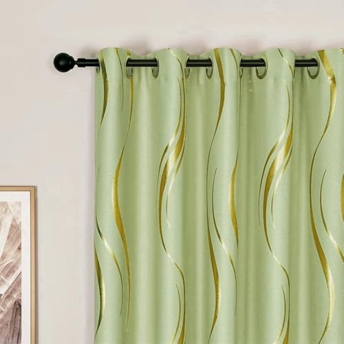 MYRU 1 Pair Luxury Wave Pattern Striped Blackout Curtains with Gold Foil Design, Grommet Top, Thermal Insulated Window Drapes(Yellow Green and Gold, 2 Panels 54 x 102 Inch)