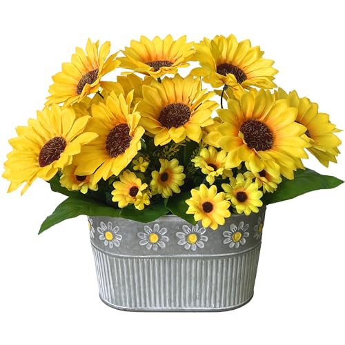 HOPEME Artificial Flowers Fake Sunflowers in Pot, Faux Silk Flowers Floral Table Centerpiece Decoration, Rustic Potted Greenery for Farmhouse Home Décor
