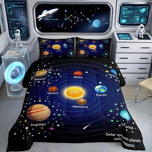 Feelyou Outer Space Comforter Set Boys Universe Planet Bedding Set for Kids Boys Girls Galaxy Comforter Planet Quilt Set 1 Comforter Set with 2 Pillowcases Queen Size
