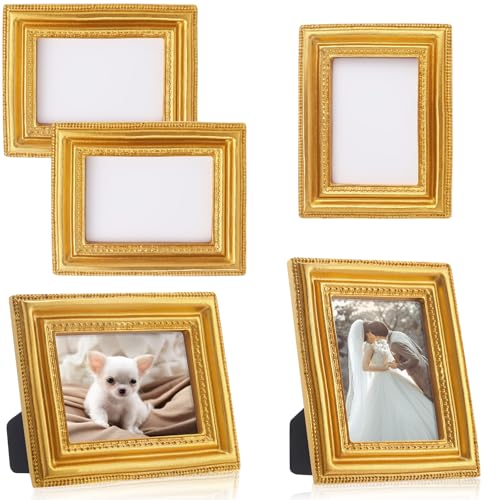 Qunclay 5 Pcs Small Gold Picture Frames Pack Mini Retro 2.5x3.5 Photo Frames Ornate Antique Frames Tiny Ornate Picture Frames for Wall Hanging Tabletop Display Home Gallery Decor