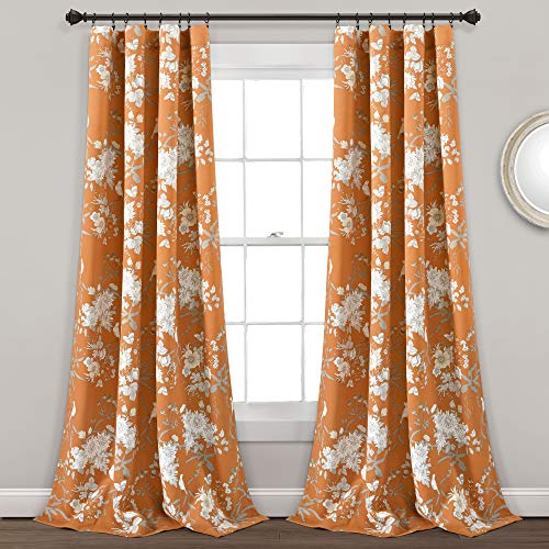 "Lush Decor, Orange Botanical Garden Curtains Floral Bird Print Room Darkening Window Panel Drapes Set for Living, Dining, Bedroom (Pair), 84"" x 52"""