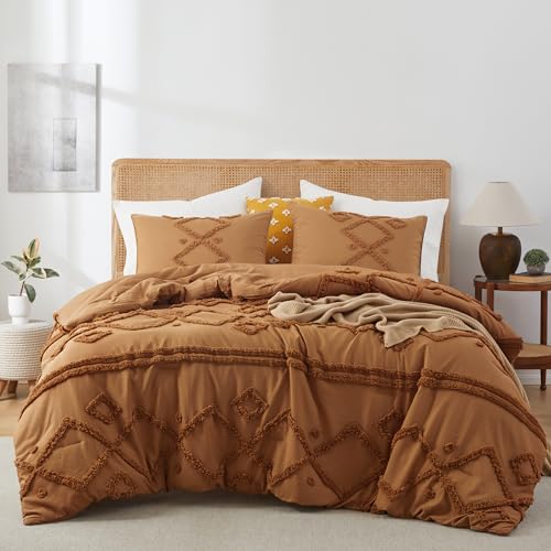 Oli Anderson King Comforter Set, 3 Pieces Boho Pumpkin Bed Comforter Geometric Tufted Bedding Comforter Sets, Soft Fluffy Comforter with 2 Pillowcases (Pumpkin, King)
