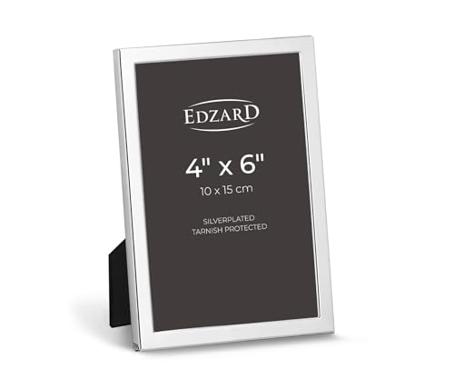 "Edzard Silver Plated Photo Frame Bergamo 4""x6"" (10x15 cm), Non-Tarnishing, High Gloss Finish, Real Glass Front & Premium Velvet Back, Portrait or Landscape Display - Elegant Wedding Gift"