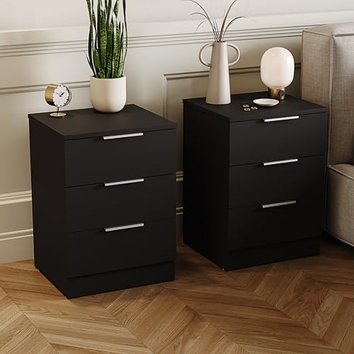 Vida Designs Trega 3 Drawer Bedside Cabinets Set of 2 Black - Compact Space-Saving Nightstands - 50H x 39W x 28D cm - Engineered Wood - Glide Drawers, Silver Handles - Ideal for Bedroom & Guest Room