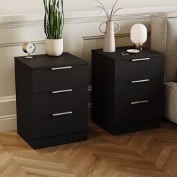 Vida Designs Trega 3 Drawer Bedside Cabinets Set of 2 Black - Compact Space-Saving Nightstands - 50H x 39W x 28D cm - Engineered Wood - Glide Drawers, Silver Handles - Ideal for Bedroom & Guest Room