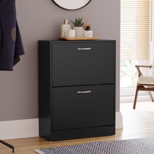 Vida Designs Shoe Cabinet, Wooden Shoe Storage Unit with 2 Pull-Down Drawers, Multifunctional Dust-Proof Space-Saving Slim Cupboard for Hallway or Entryway (Black)