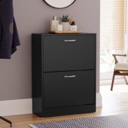 Vida Designs Shoe Cabinet, Wooden Shoe Storage Unit with 2 Pull-Down Drawers, Multifunctional Dust-Proof Space-Saving Slim Cupboard for Hallway or Entryway (Black)