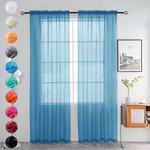 youleyar Solid Sheer Rod Pocket Curtain Voile Draperies 2 Panels White Beige Black Grey Ivory 52 Inch Width 96 Inch Long 1 Pair for Kitchen Bedroom Children Living Room Yard (Blue,52W???96L)