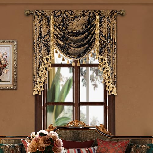 Loom and Mill Luxury Waterfall Valance for Living Room, Classic Damask Jacquard Swag Valances with Tassels, Black Swag Curtains for Bedroom Windows Banquet Halloween Decor, Rod Pocket(W39Inch,1 Panel)