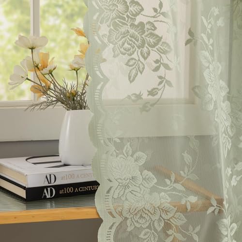 Light Sage Lace Green Curtains 63 Inch Length for Bedroom 2 Panels Country Peony Flower Sheer Farmhouse Window Panels for Living Room Dining Room Easter Decor 1 Pair Set W52 X L63 Light Green