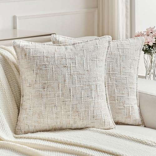 FUTEI Pack of 2 Tweed Chenille Throw Pillow Covers 26x26 Inch, Cream - Premium Chenille Front/ Smooth Velvet Back,Hidden Zipper,Machine Washable,Pilling-Resistant,Colorfast, Insert Not Included.