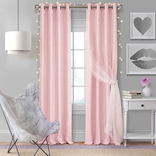 "Elrene Home Fashions Aurora Kids’ Sheer Blackout Layered Curtain Panel, (Soft Pink), (52X95), Polyester, 52"" W x 95"" L (Pack of 1)"