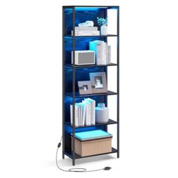 VASAGLE 6-Tier LED Bookcase, Bookshelf with Dimmable Lights, Storage Shelf with Steel Frame, 30.3 x 60 x 178.6 cm, for Living Room, Bedroom, Office, Ebony Black LLS120B58