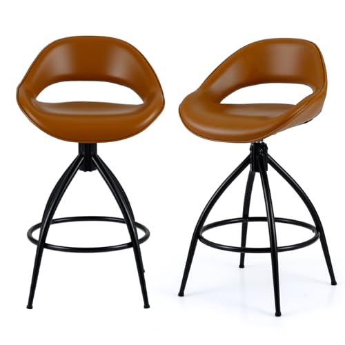 GiantexUK Swivel Bar Stools Set of 2, Counter Height Kitchen Stools with Backrest & Footrest, Upholstered Breakfast Chairs for Home Bar Dining Reception (Brown+Black, 47 x 51 x 90cm, Faux Leather)