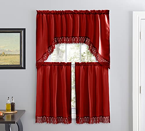 American Linen 3-Piece Kitchen Caf?? Curtains with Embroidered Lace (Red) - Includes matching valance and tiers with lace trim. Light-filtering curtains for kitchen, bath, and small windows.