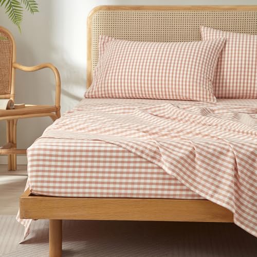 Pink Plaid Sheets Queen Size Gingham Sheets Set, Soft Breathable 100% Washed Cotton Checker Plaid Bed Sheets with 16??? Deep Pocket, Comfy Durable Farmhouse Gingham Bed Set Vintage Grid Sheets Set