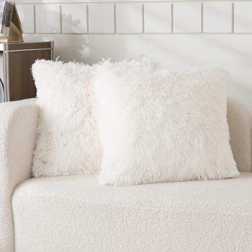 "HAIHUA Faux Fur Throw Pillow Covers, Fluffy Soft Fuzzy Decorative Pillow Cases Cute Pillowcases for Home Bedroom Living Room, Zipper Closure, Set of 2 (Beige, 18""x 18"")"
