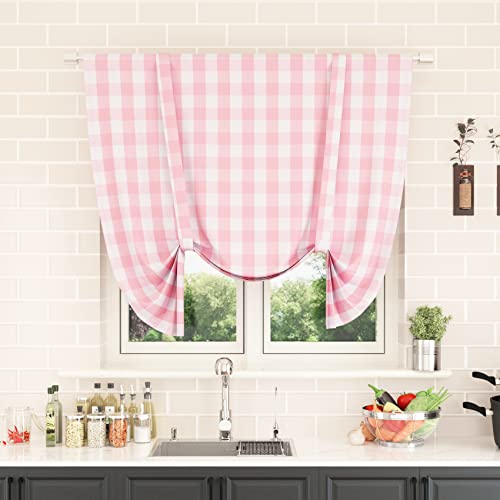 Tie Up Curtain for Windows 54 inches Long Buffalo Check Adjustable Tie Up Shades Plaid Gingham Rod Pocket for Kitchen Windows 1 Panel, Pink & White