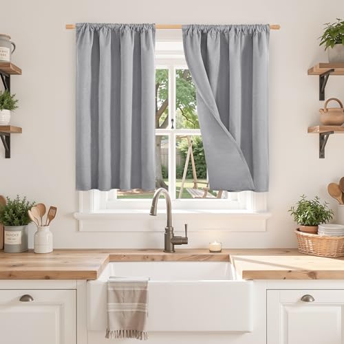 BGment Grey Linen Blackout Curtains 36 Inch Length, Room Darkening Drapes Black Out Rod Pocket for Bedroom Small Window Privacy, 2 Panels, Each 30 Inch Wide