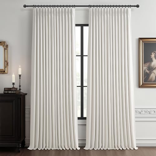 "70 Inch Extra Wide Blackout Curtains & Drapes 108 Inches Long 2 Panels Set for Living Room, Pinch Pleated Insulated Sound Proof Double Layer Linen Heavy Farmhouse Window Curtain 70""Wx108""L Beige White"