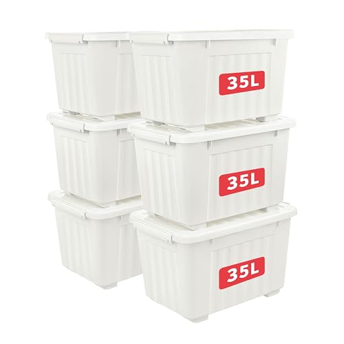 Cetomo 35L*6 Storage Boxes with Lids, Plastic Storage Box with Wheels and Secure Side Latches, Stackable & Nestable Organizer for Home, Office, Moving, PP, White, 35L-6 Pack