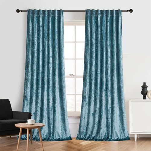 Roslynwood Crushed Luxury Velvet Aqua Blue Curtains for Bedroom 108 inches Long, Thermal Insulated Window Drapes Back Tab for Living Room/Dining Room, W52 x L108, 2 Panels