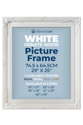 "MirrorOutlet The Antiquitus - Ornate Swept White Picture Frame 29"" X 25"" (74.5 x 64.5CM) Wooden Frame with Glass and Backing Board Fitted. Ready To Fit Your Picture!"