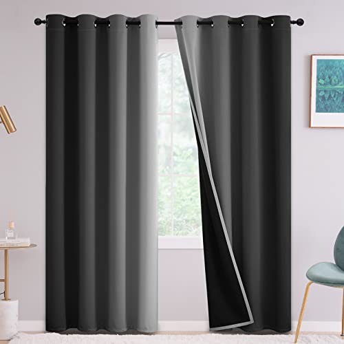 Yakamok 100% Blackout Black Curtains 84 inches Long for Living Room - Room Darkening Ombre Curtain for Bedroom Grommet Light Blocking Thermal Insulated Gradient Drapes???2 Panels???52W x84L