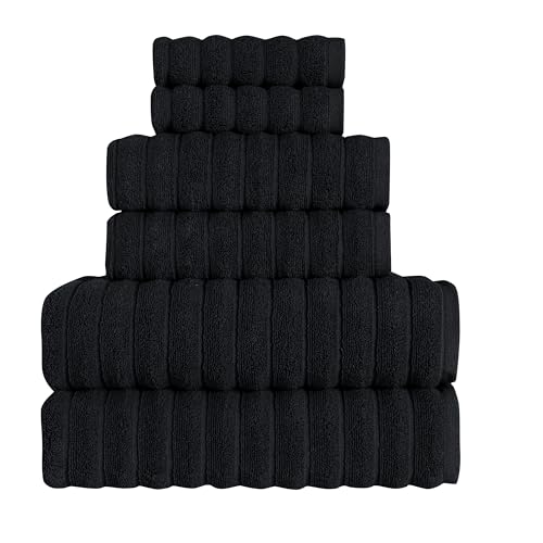 Tedeman Cloud Collection 6-Piece Towel Set - Turkish Towels, 550 GSM Plush, Highly Absorbent, Hotel & Spa Quality, 2 Bath Towels + 2 Hand Towels + 2 Kitchen Towels (Classic Black, Set of 6 Towels)