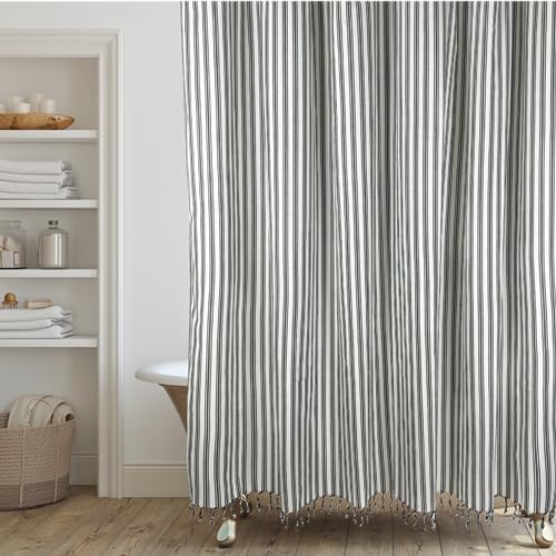 "HALL & PERRY Modern Transitional Grey Stripe Shower Curtain with Tassels - Vertical Black and Cream Lines Striped 100% Cotton, 72"" x 72"""