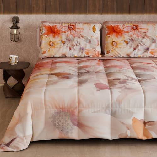PETTI Artigiani Italiani - Winter Quilt, Winter Duvet, Double Sided Single Quilt Solid Colour and Digital Floral Print 25 1, 100% Microfibre, Made in Italy