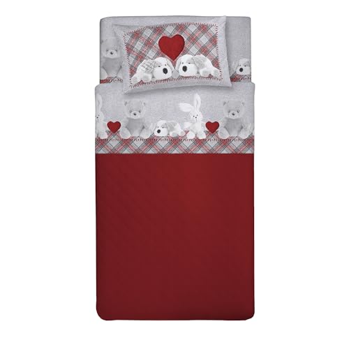 PENSIERI DELICATI 100% Cotton Double Bed Set, 120 x 200 cm, Complete with Bottom Sheet, Top and 1 Pillowcase, Made in Italy, Red Plush Design