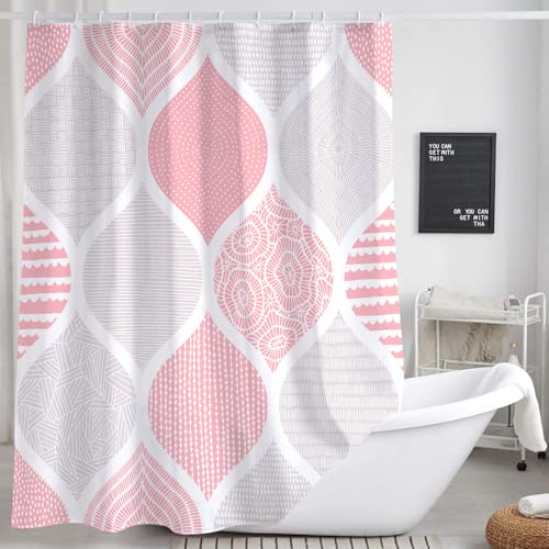 Pink and Grey Shower Curtain, Light Pink Retro Bohemian Geometric Fabric Shower Curtains Set for Bathroom Decorative, Boho Modern Abstract Paisley Restroom Decor Accessories with Hooks 72X75 Inch