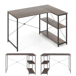 CASART L-Shaped Corner Desk, Wooden Computer Desk with Shelves, Reversible PC Laptop Table Writing Desk for Home Office (Grey, 118 x 86 x 74cm)