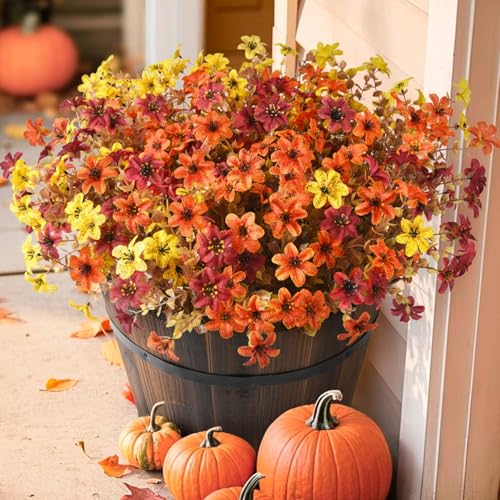 Homsunny Artificial Mums Flowers Outdoors Autumn Decor, Fall Fake Silk Daisy UV Resistant, 12 Bundles Outside Faux Flower Plants for Home Garden Porch Patio Yard Balcony Window (Yellow Brown Orange)