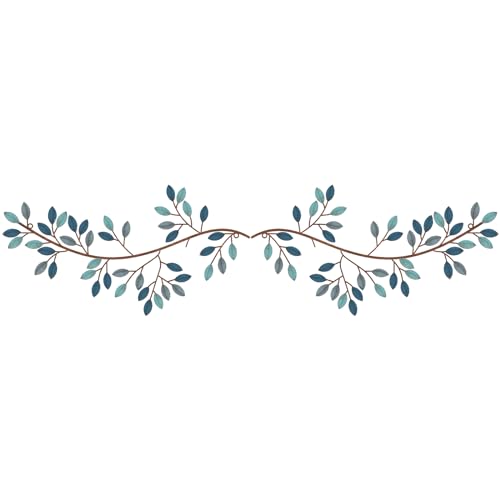 Hotop 2 Pieces Metal Tree Leaf Wall Decor Vine Olive Branch Leaf Wall Art Wrought Iron Scroll Sculptures Above the Bed, Living Room, Outdoor Decoration (Blue,Classic Style)
