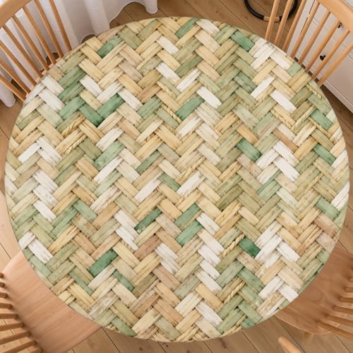 "Farmhouse Round Fitted Tablecloth with Elastic Natural Green Woven Brown Rustic Table Cloth Decorative Washable Stretch Outdoor Rattan Table Cover Kitchen Dining Patio Picnic for 40""-44"" Table"