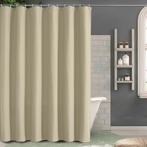 OVZME Long Fabric Shower Curtain Set, Waffle Textured Shower Curtain for Bathroom - Weight 230GSM Heavy Duty Hotel Spa Luxury Bath Curtain Set with 12 Plastic Hooks, 72Wx78L, Taupe