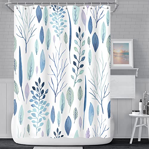 Umpoo Eucalyptus Leaves Bathroom Shower Curtain Teal Watercolor Leaf Waterproof Polyester Shower Curtains Shower Curtain with Hooks Modern Artistic Aesthetics Home Decorative, 60x72 Inch