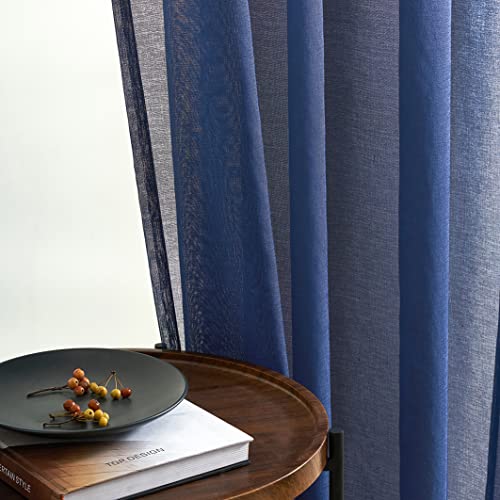 "MYSTIC-HOME Navy Blue Sheer Curtains 84 Inch Length 2 Panels Set, Rod Pocket Sheer Drapes Bedroom, Semi Crinkle Voile Window Treatments Navy Blue, 52"" Wx84 L"
