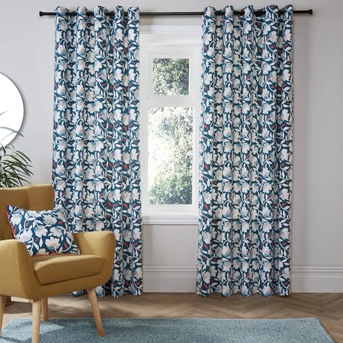 "Fusion - Teal Blue Floral Curtains W66 x L72"" (168 x 183cm) - 2 Panels - 100% Cotton - Matching Cushion Available - Vintage Drapes - Flower Eyelet Design - Soundproof for Bedroom"