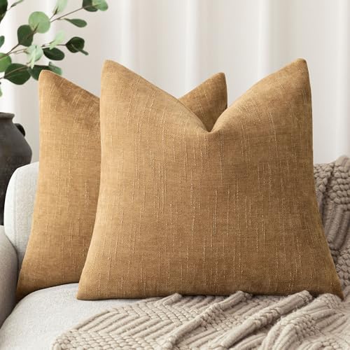 Foindtower Set of 2 Soft Textured Chenille Throw Decorative Pillow Covers Square Accent Solid Cushion Cover Neutral Farmhouse Pillow Case for Couch Sofa Bedroom Living Room 26x26 Inch,Golden Brown